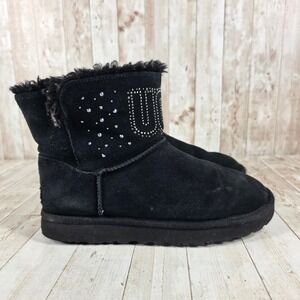 UGG Australia Black Suede Crystal Logo Mini Boots Women's Size 7